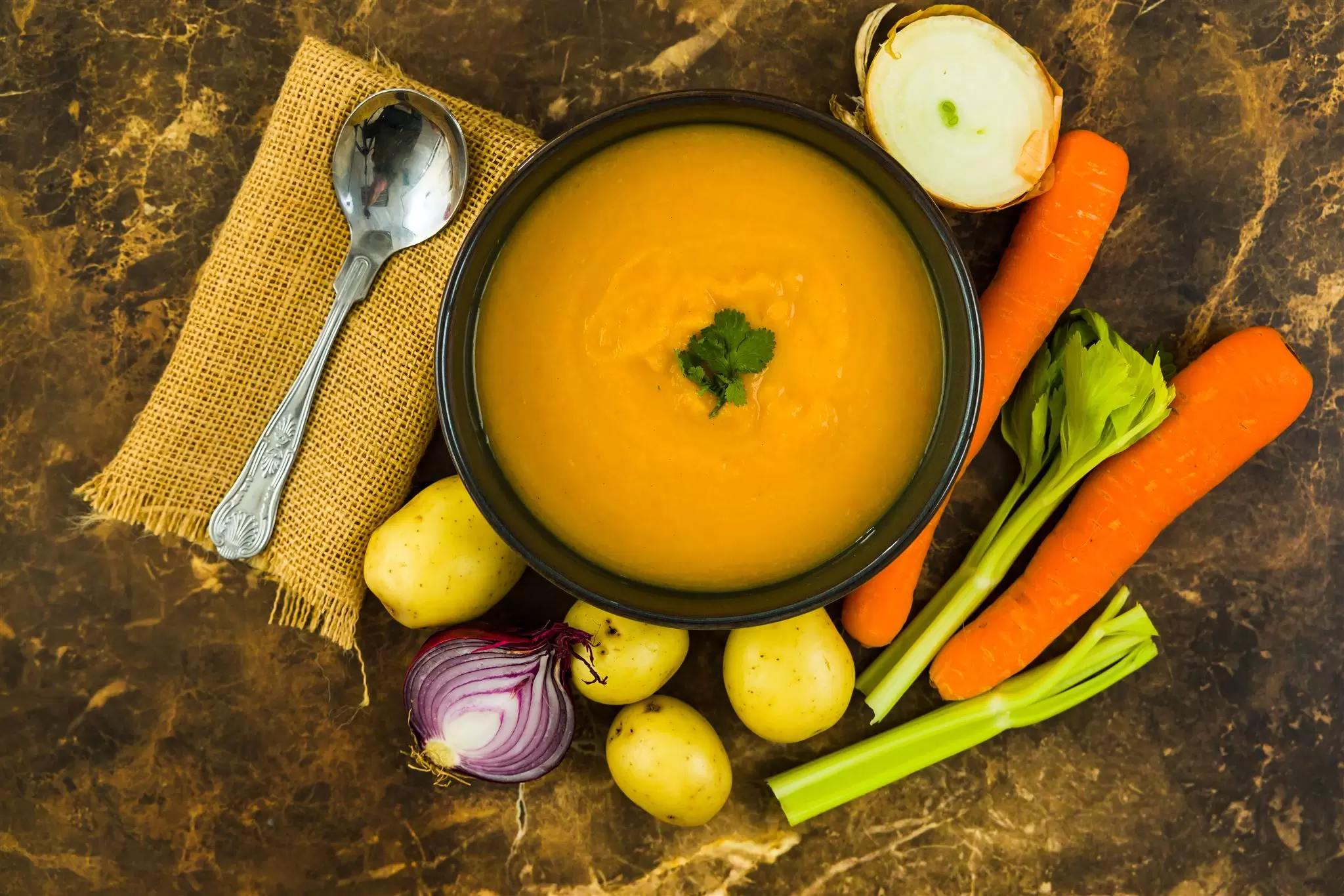 An overhead shot of soup with fresh vegetables