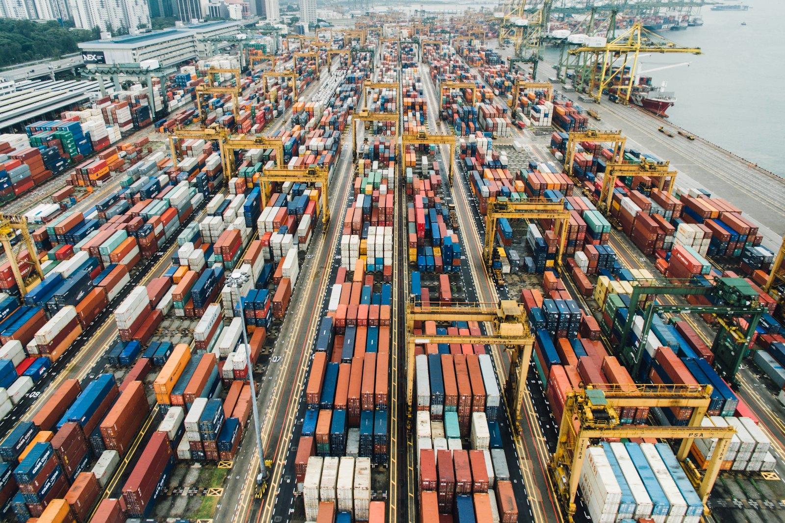 An aerial view of a container port